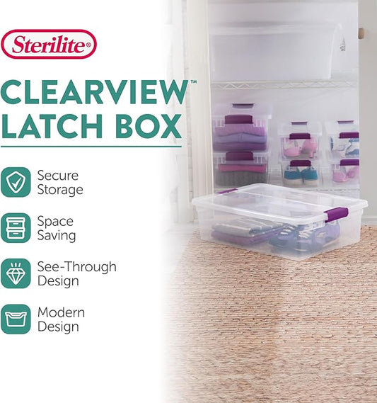 Sterilite 24-Pack 32 Quart ClearView Latch Box, Stackable Organizer Bins with Latching Lids - Clear Plastic Organization Cont