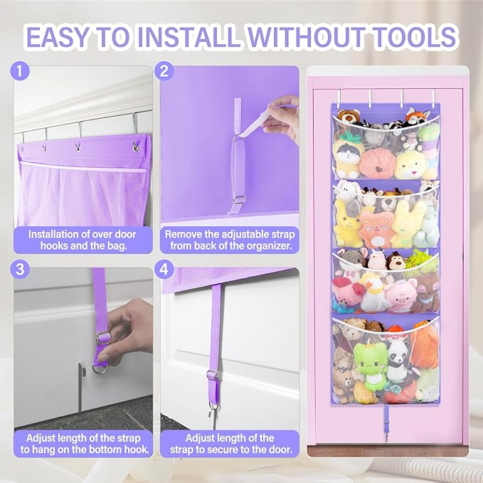 Woodoulogy Hanging Stuffed Animal Storage, Over Door Large Plush Toy Organizer with Metal Hook, Baby Accessory Holder Idea fo
