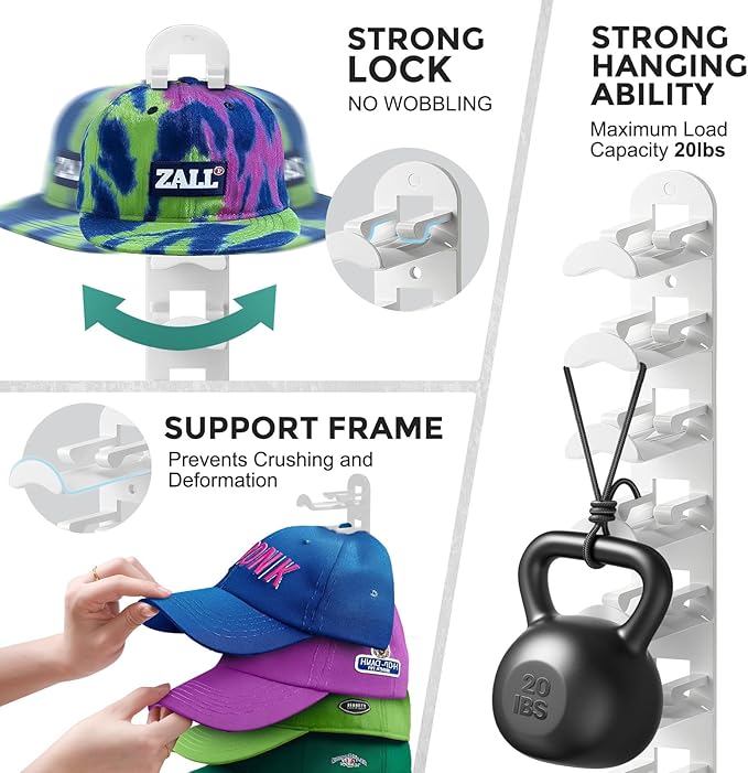 Hat Hook for Wall, 2 Pack Hat Organizer Hold up to 20 Hats,Hat Holder with Strong Adhesive and 8 Pack Screws, Cap Holder Hat 
