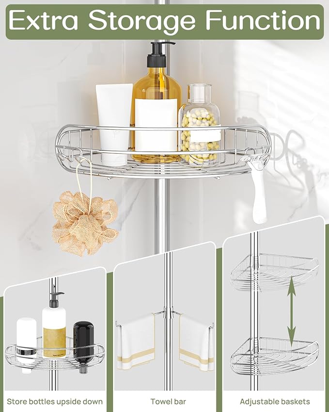 ALLZONE Corner Shower Caddy Tension Pole, 4-Tier Adjustable Shelves, Rustproof Bathroom Shower Organizer Corner for Inside Sh