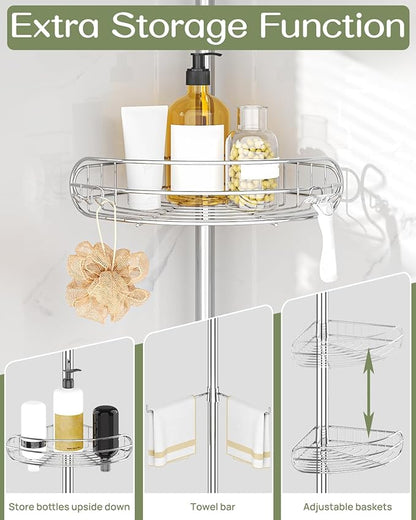 ALLZONE Corner Shower Caddy Tension Pole, 4-Tier Adjustable Shelves, Rustproof Bathroom Shower Organizer Corner for Inside Sh