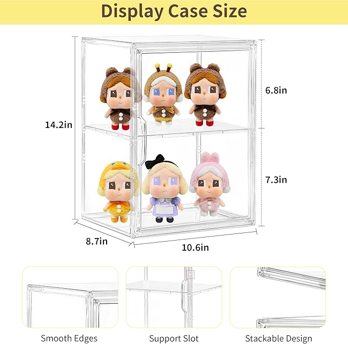 Acrylic Display Case, 2 Tier Clear Plastic Stackable Storage Bins with Magnetic Lids, Figure Display Case for Collectibles Co