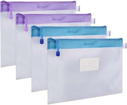 Wisdompro Zipper Pouch, 4 Packs Durable Letter Size Waterproof Mesh File Bag, Document Organizer - Blue/Purple