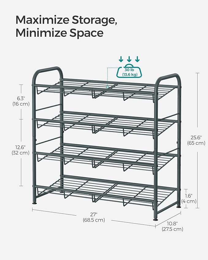SONGMICS Shoe Rack, 4 Tier Shoe Organizer for Closet, Holds up to 16 Pairs of Shoes, Shoe Rack for Front Door Entrance, Metal