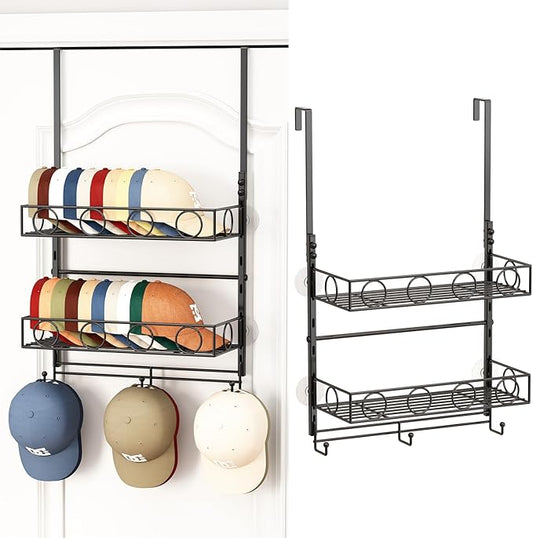 Over Door Hat Organizer 3 Tier Wall Mounted Hat Rack with 2 Adjustable Metal Basket and 3 Hooks Hat Organizer for Baseball ca
