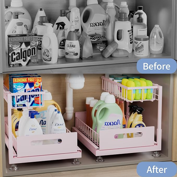 Saydear Under Sink Organizer Storage 2-Tier Premium Metal Pull-Out Kitchen Cabinet Organizer with Sliding Drawer, Height Adju