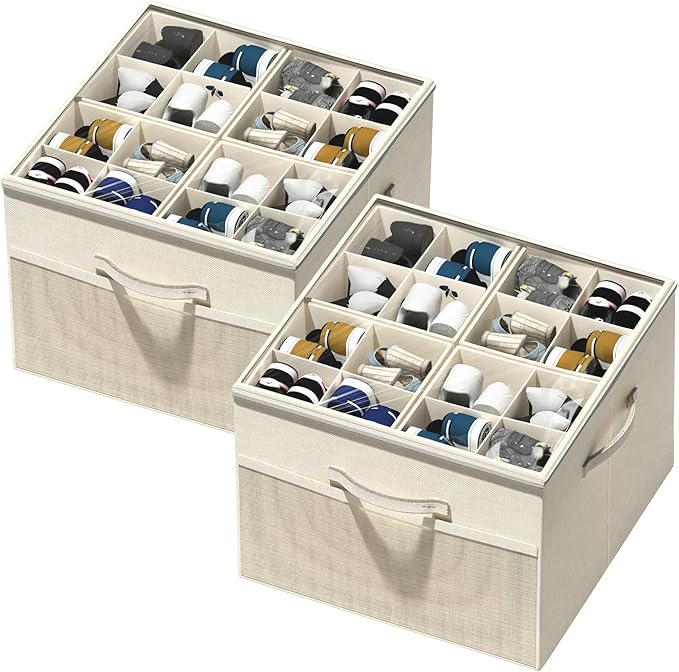 Aokeyee Shoe Organizer for Closet,2 Pack Foldable Shoe Storage Organizer Box Bin with Adjustable Dividers and Clear Cover, Fi