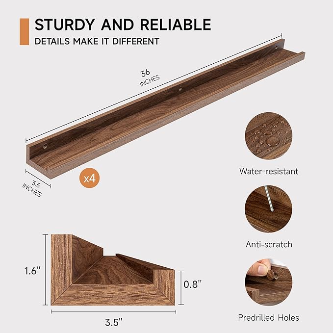 Fun Memories Picture Ledge Shelf for Wall, Floating Shelves Set of 4, 36 Inch Long Nursery Book Shelves for Toys Storage, Kid