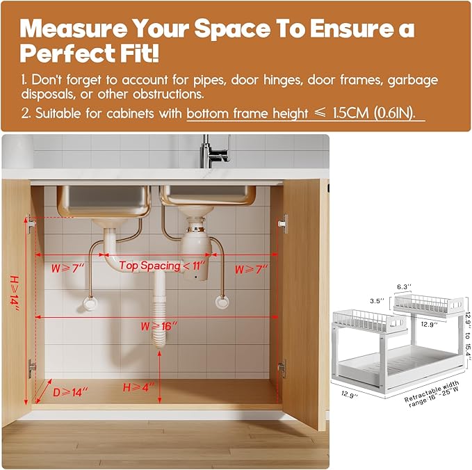 1 Pack Expandable Under Sink Organizers And Storage With Upgrade Ball-Bearing Slide Tracks,2-Tier Pull Out Under Cabinet Orga