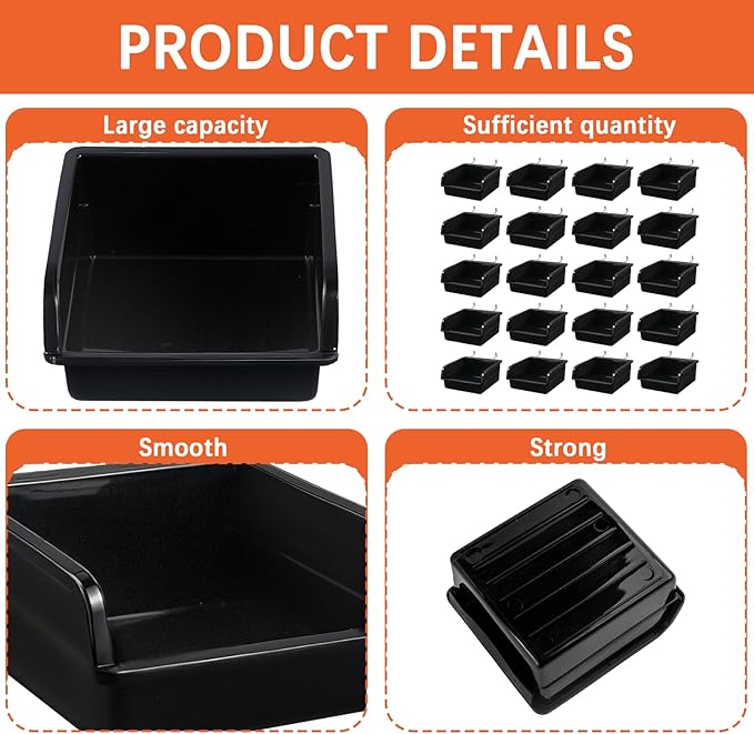 20 Pack Pegboard Bins With Metal Hooks, Black Pegboard Storage Bins, Pegboard Containers For Peg Board Organizing Accessories
