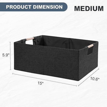 ANMINY 4PCS Storage Bins Set Large Foldable Cotton Linen Fabric Storage Baskets Box with Wood Handles Decorative Shelf Cube C