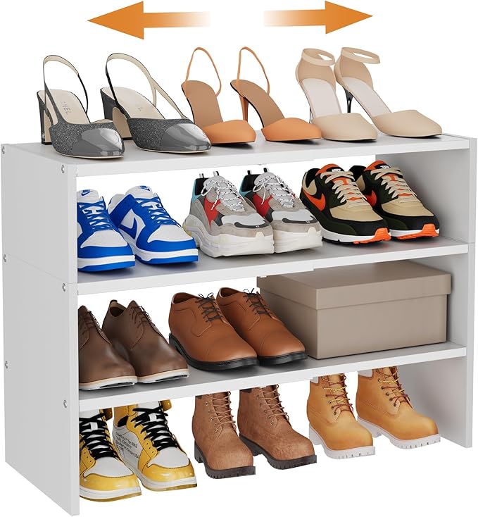 3-Tier Expandable White Shoe Rack Organizer for Closet, Stackable Shoe Racks Storage Shelf, Small Metal Wood Combination Shoe