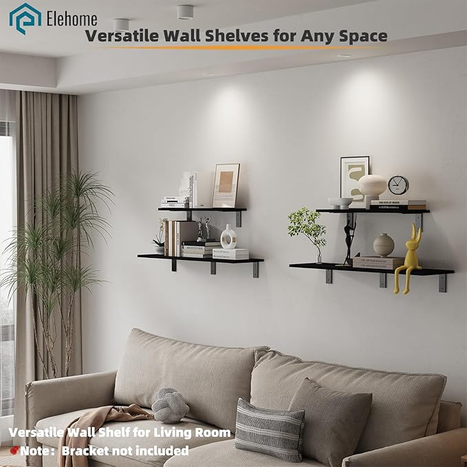 Floating Shelf Board for Wall 5/8" – No Brackets – 24" L x 10" W x 0.6" T Black Wood Melamine Wood Floating Shelves for Bathr