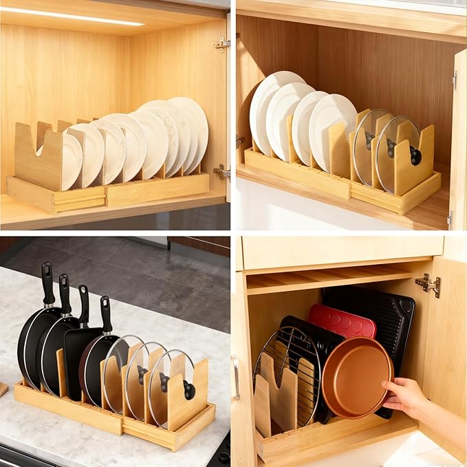 Pots and Pans Organizer for under Cabinet - Expandable Bamboo Pot Lid Organizer, Bakeware and Cutting Board Organizers, Drawer Pot Lid Holder Rack for Kitchen Organizers and Storage