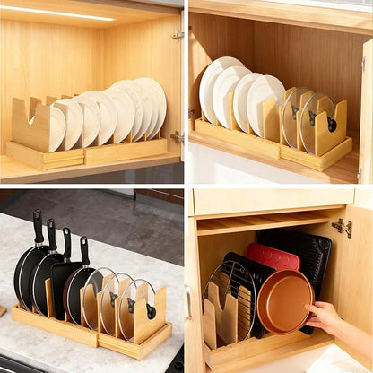 Pots and Pans Organizer for under Cabinet - Expandable Bamboo Pot Lid Organizer, Bakeware and Cutting Board Organizers, Drawer Pot Lid Holder Rack for Kitchen Organizers and Storage