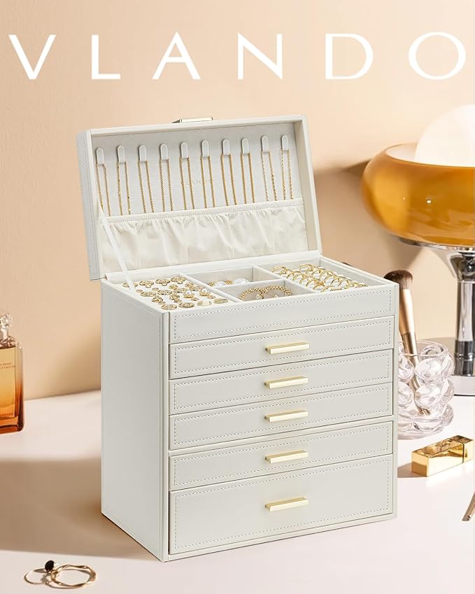 Vlando 6 Layer Large Jewelry Box - Jewelry Holder Organizer, Jewelry Box Organizer for Drawer Necklace Ring Bracelet and Watc