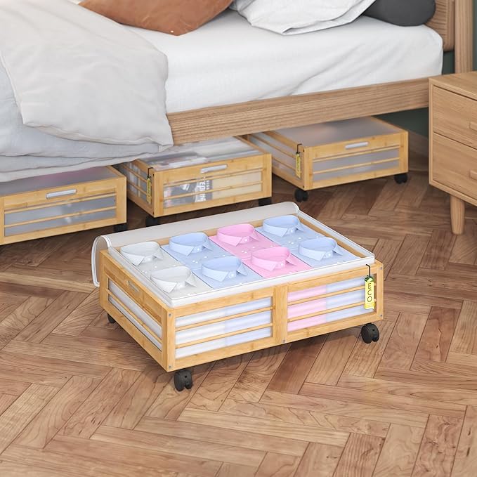 Bamboo Underbed Storage Containers with Wheels & Bag, Large Under Bed Rolling Storage Bins Wood Under Bed Clothes Storage Sta