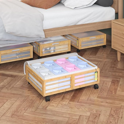 Bamboo Underbed Storage Containers with Wheels & Bag, Large Under Bed Rolling Storage Bins Wood Under Bed Clothes Storage Sta