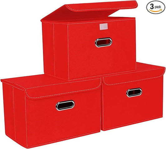 STOREONE Fabric Storage Cube Bins Foldable Organizer Container Collapsible Basket with Lids and Metal Handles, for Home, Bedr