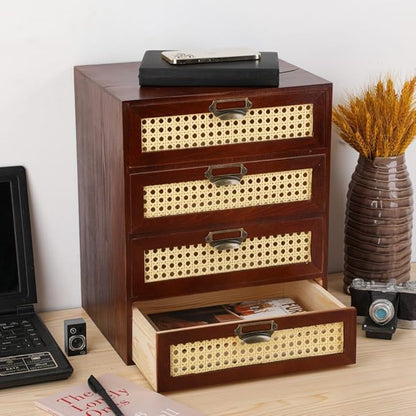 Large Wooden Storage Box with Drawers (Boho Apothecary Cabinet, Rattan Frame, Brown)