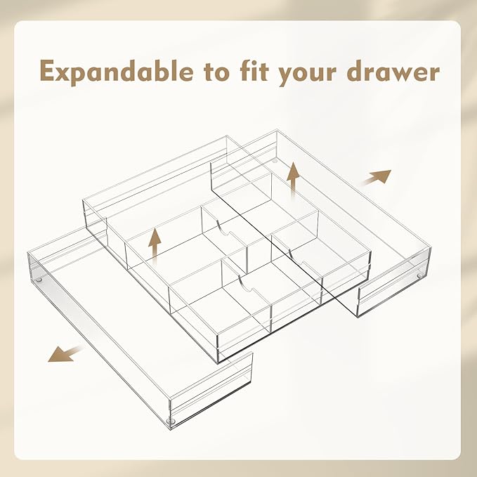 2 Pcs Acrylic Desk Drawer Organizer Maximum 12 x 18 x 2.1 Inch Expandable Drawer Organizer Trays with 8 Adjustable Compartmen