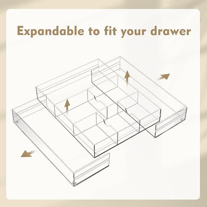 2 Pcs Acrylic Desk Drawer Organizer Maximum 12 x 18 x 2.1 Inch Expandable Drawer Organizer Trays with 8 Adjustable Compartmen