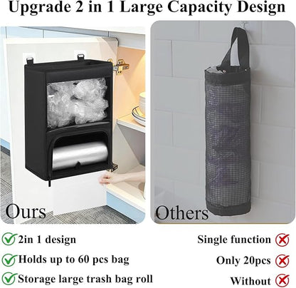 2-in-1 Plastic Bag Holder with Clear Window, Large Grocery Bag Holder and Trash Bag Dispenser with Easy-Access Openings, Plastic Bag Organizer for Kitchen RV Cabinet Wall Mounted (Black）