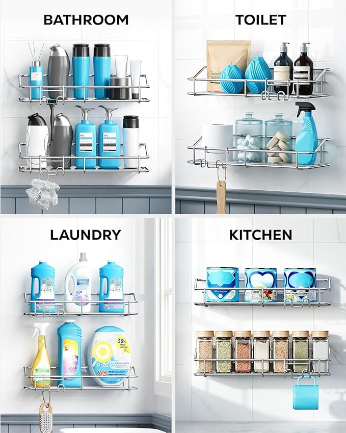 Nieifi Shower Caddy Shelf with Hooks Storage Rack Organizer Adhesive Stainless Steel without Drilling for Bathroom, Lavatory,