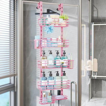 Consumest Over The Door Shower Caddy - 5 Tier Adjustable Shower Organizer Hanging with 2 Toothbrush Holders & 4 Hooks, Rustpr