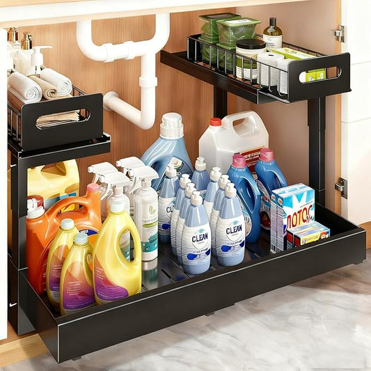 Buwico Expandable under cabinet organizer, 2-Tier under sink organizer with Reinforced Ball-Bearing slide rail, Slide-Out sin
