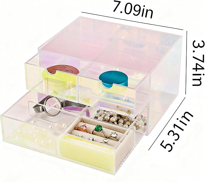 AZY Rainbow Acrylic Earring Organizer 2-Tier 3-Drawer with 6 Compartments, Multi-Purpose Vanity Countertop Organizer, Velvet 