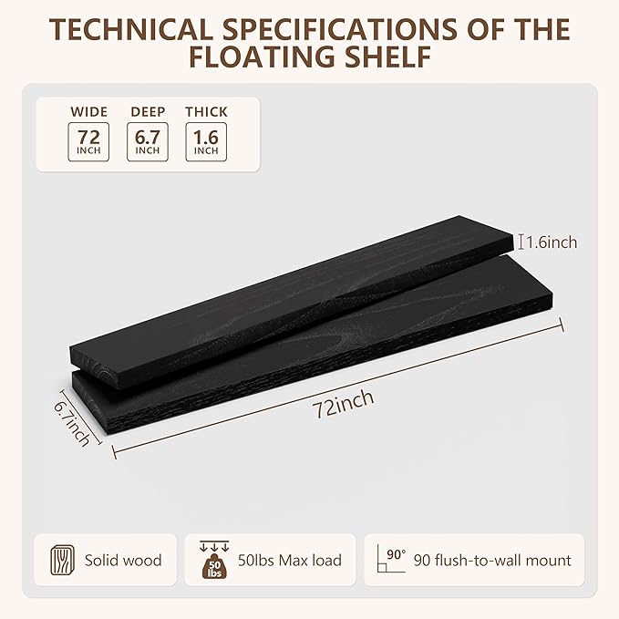 IEO Long Wooden Floating Shelves for Room Wall, Natural Wood Floating Shelves Wall Mounted Kitchen Shelf for Living Room, Bed