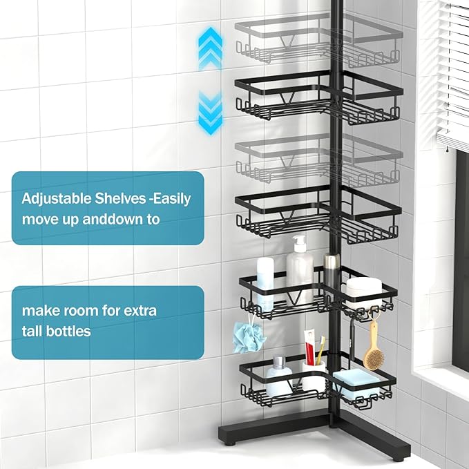 KEGII Floor Shower Caddy Standing – 4-Tier Corner Shower Organizer with Hooks & Soap Holder, Free-Standing Bathroom Storage R