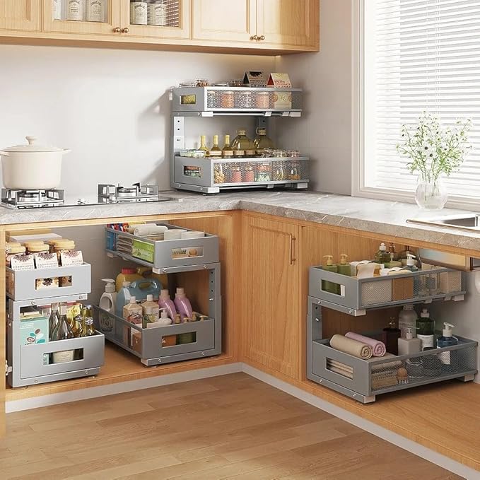 Under Sink Organizer, 2-Tier Dual Pull Out Cabinet Organizer Drawers With Smooth Circular Rail,Large Capacity Metal Mesh Slid