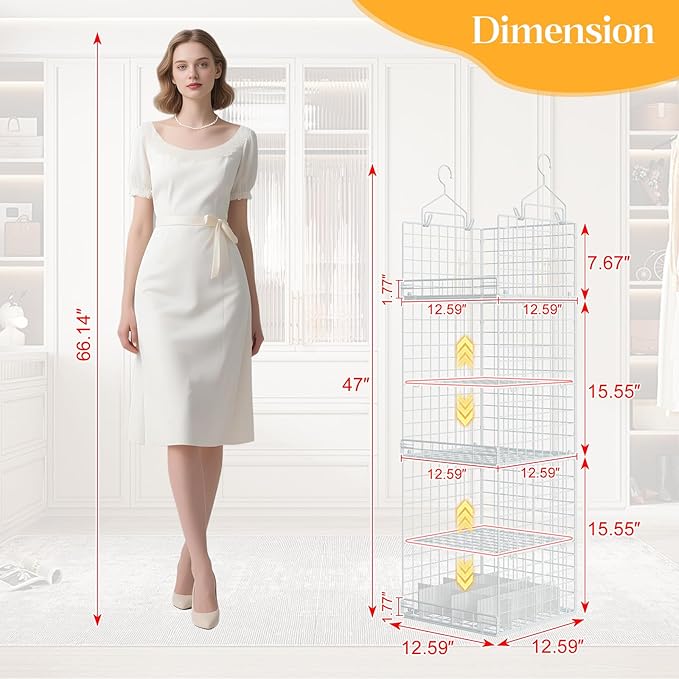 Yuyetuyo ﻿5 Tier Hanging Closet Organizer Separable Hanging Closet Shelves with 4 Hooks 2 Adjustable Dividers, Wire Storage B