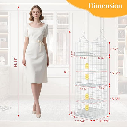 Yuyetuyo ﻿5 Tier Hanging Closet Organizer Separable Hanging Closet Shelves with 4 Hooks 2 Adjustable Dividers, Wire Storage B