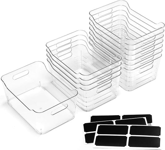 12 PACK Multi-Use Clear Plastic Storage Bins for Organizing w/ Labels - Home, Kitchen, Pantry, Bathroom, Office, Cabinet Shel
