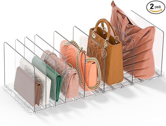 GoMaihe Bag & Purse Organizer for Closet: Adjustable Clear Handbag Storage Shelf - Plastic Clutch Dividers | Minimal | Keep P