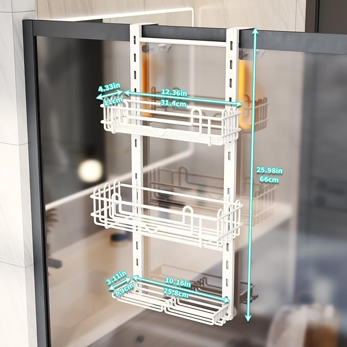 HapiRm 3 Tier Over the Door Shower Caddy, Hanging Shower Caddy with 16 Hooks and 2 Soap Holders, No Drilling Adjustable Hangi