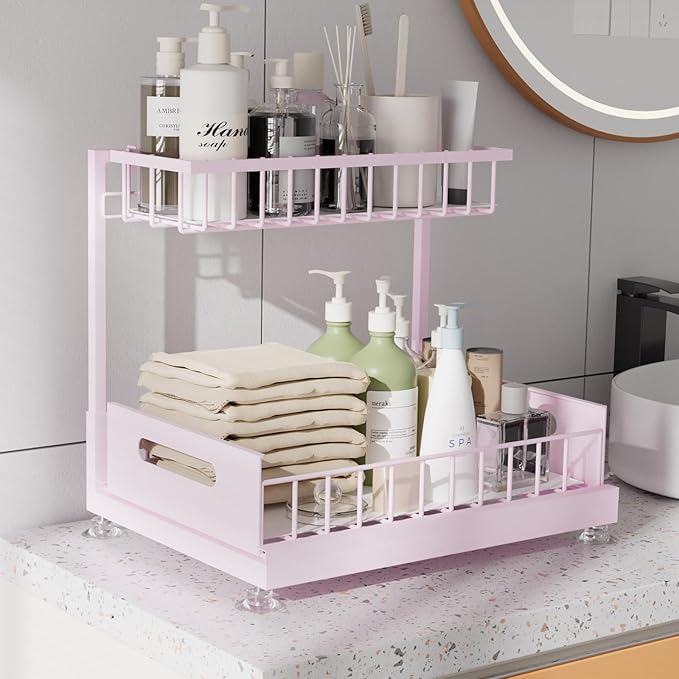 Saydear Under Sink Organizer Storage 2-Tier Premium Metal Pull-Out Kitchen Cabinet Organizer with Sliding Drawer, Height Adju