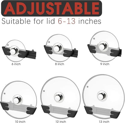 Adjustable Universal Pot Lid Holder Organizer - Upgraded Patented Pan Lids Organizers Inside Cabinet Door Wall Mount Pots Top Rack for Kitchen Cupboard Fit 6" to 13" (8Pack-Black)