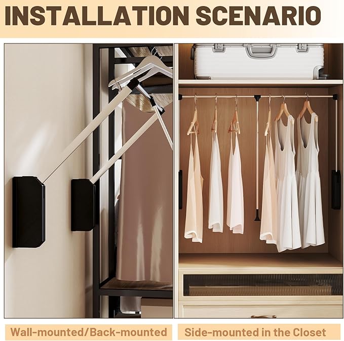 tonchean Pull Down Closet Rod, Stainless Steel 35-48 Inch Adjustable Closet Rod for Hanging Clothes Side & Back Mounted, Heav