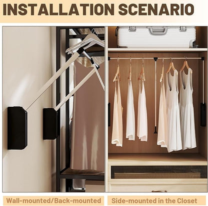 tonchean Pull Down Closet Rod, Stainless Steel 35-48 Inch Adjustable Closet Rod for Hanging Clothes Side & Back Mounted, Heav