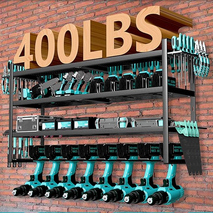 Power Tool Organizer Wall Mount Loads 400lbs, 4 Layers Heavy Duty Tool Organizers and Storage, Cordless Tool Rack with 8 Dril