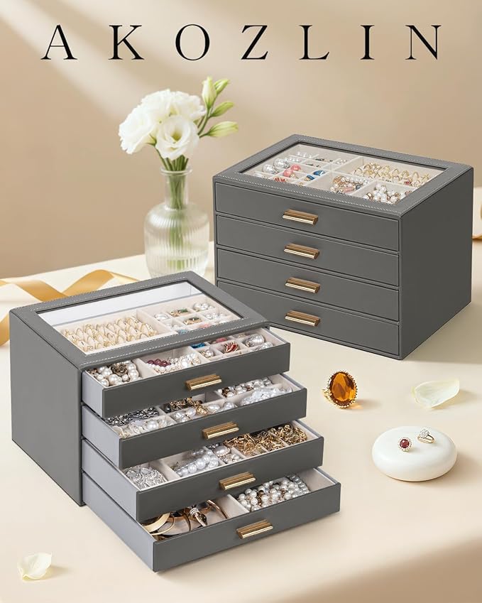 AKOZLIN Jewelry Box with Clear Lid Functional Leather Jewelry Storage Organizer Case 4 Drawers for Women Girls Necklace Ring 