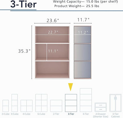 Homes: Inside + Out Apexa 3-Tier Cube Storage Organizer Shelves, Stackable Wood Bookcase Fits Cubby Bins for Organization, Do