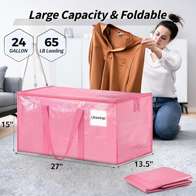 8 Pack Extra Large Heavy Duty Moving Bags, Pink Storage Bins with Lids, Reinforced Handles & Heavy-Duty Zippers Moving Boxes 