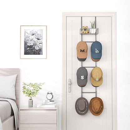 HapiRm Over Door Hat Rack - 2 Packs Wall Mounted Hat Holder with 6 Hooks and Metal Basket Design, Baseball Cap Organizer Stor