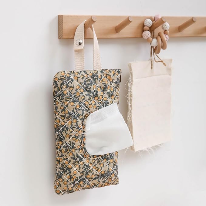 Quilted Baby Wipe Holder Quilted Wipe Pouch Portable Hanging Floral Wet Wipes Bag for Car, Stroller
