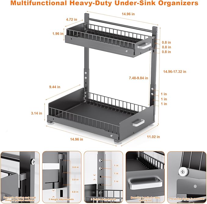 Under Sink Organizer,2 Tier Slide Out Kitchen Cabinet Organizers with Pulley,Under Bathroom Sink Pull Out Organizer with Mult